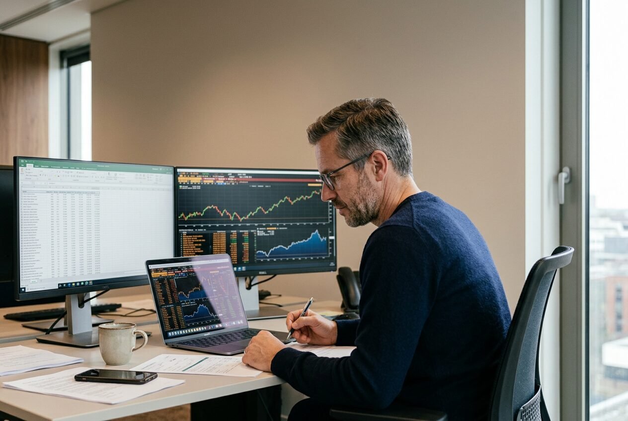 Reviewing portfolio analytics at the desk