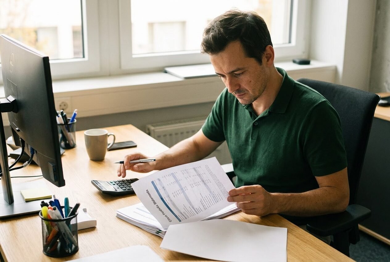 Reviewing portfolio statements at his desk