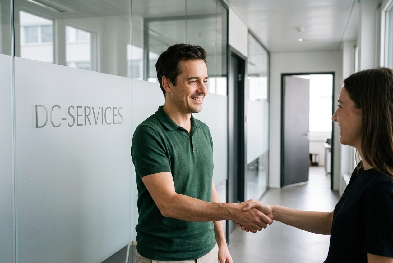Greeting a colleague between meetings