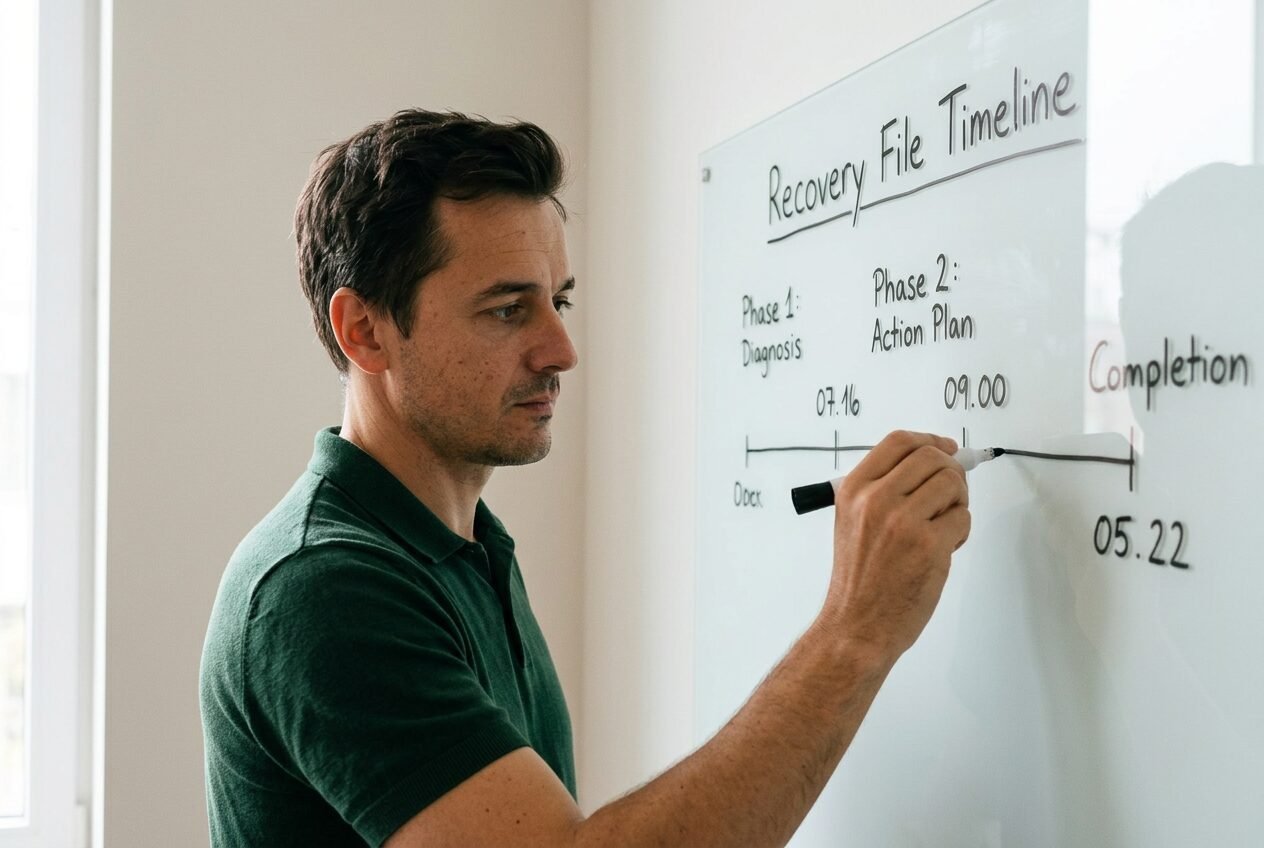 Sketching a restitution-file timeline on the whiteboard
