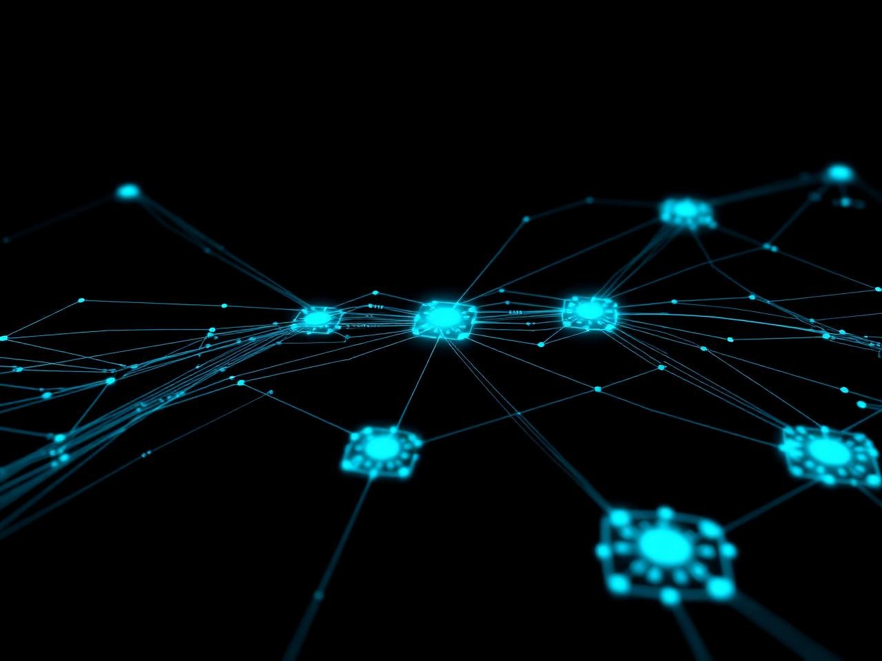Routing paths and server clusters drawn as a technical wireframe