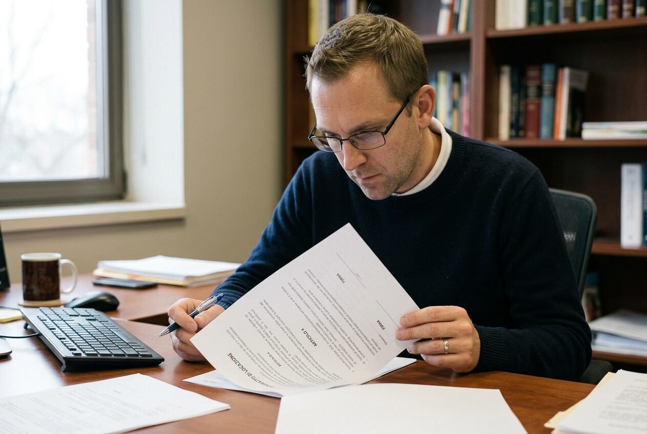 Working through a compliance file at his desk