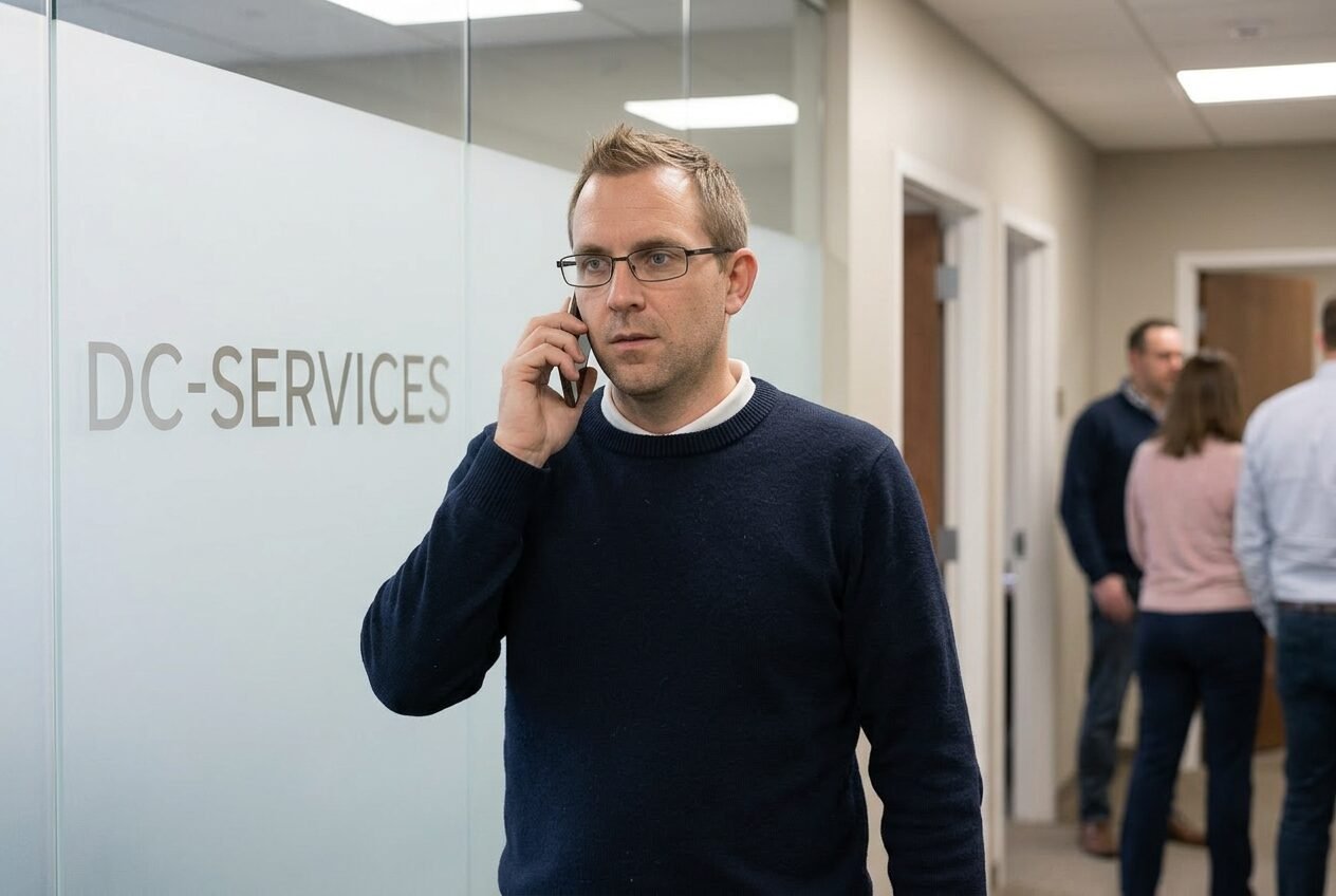 Checking documents in the corridor before a call