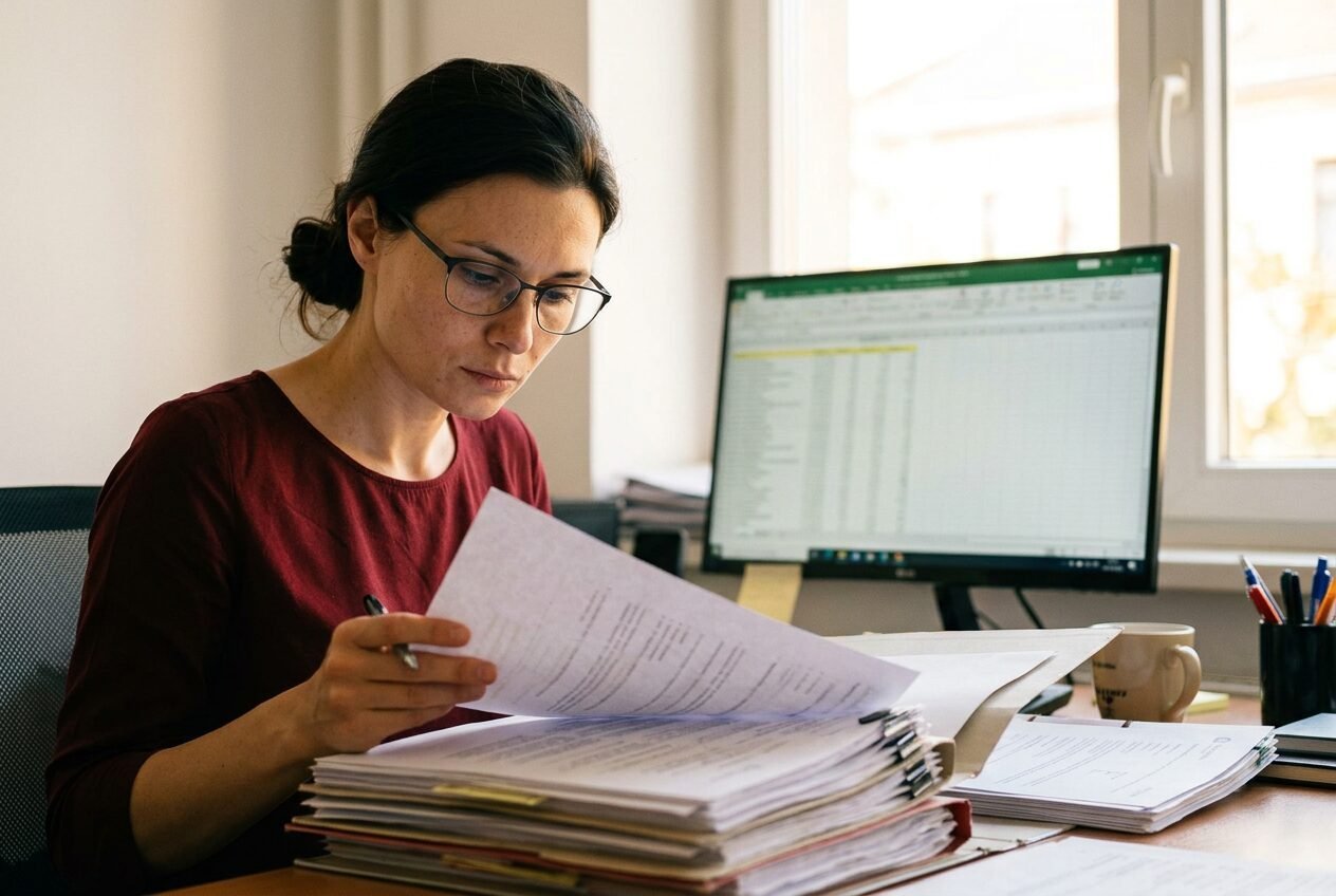 Reviewing client documents at her desk