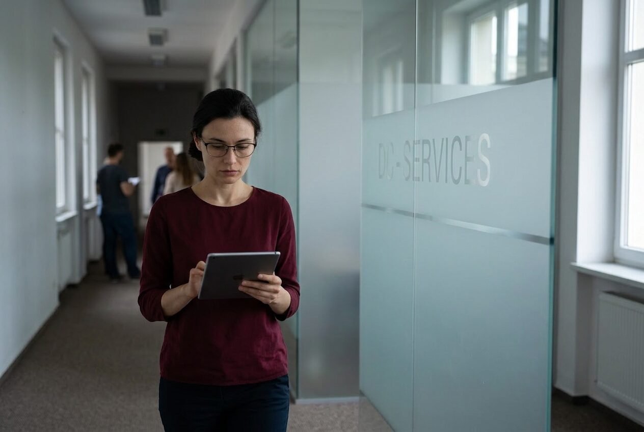 Moving between rooms with updates on her tablet