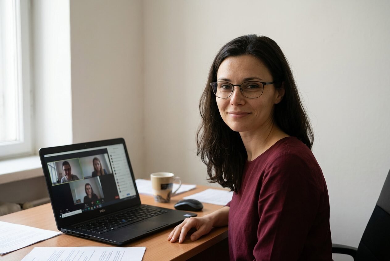 Joining a video call from her desk