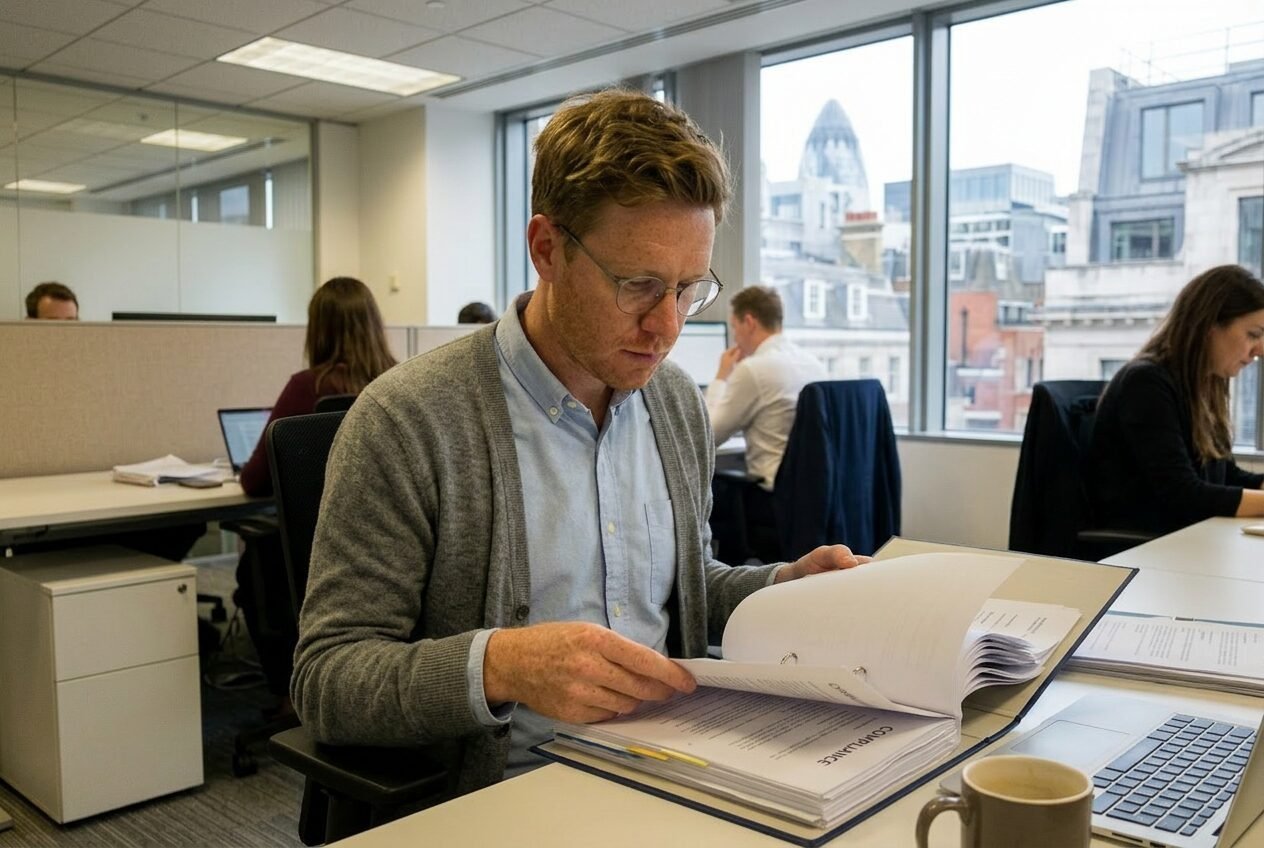 Reviewing compliance documents at his desk