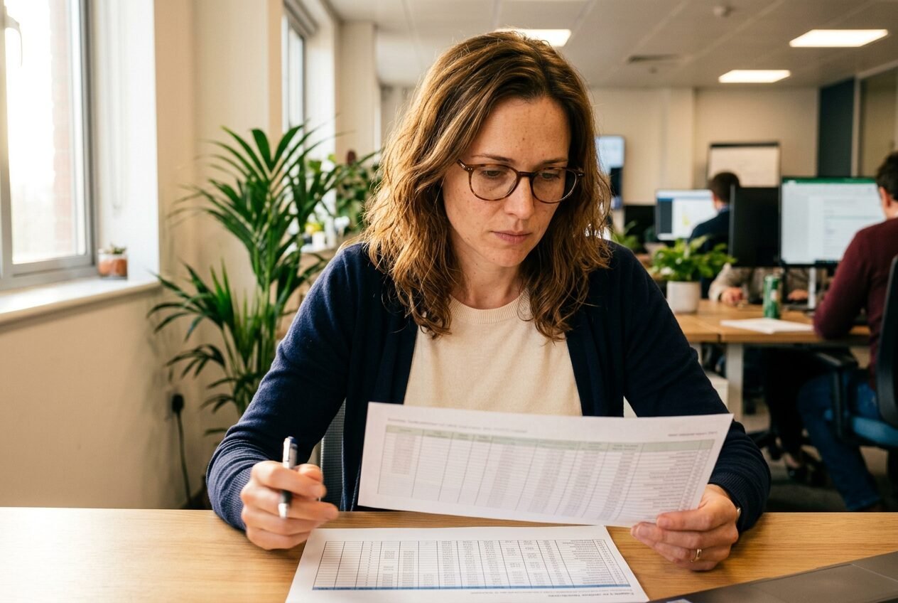 Reviewing spreadsheets at her desk
