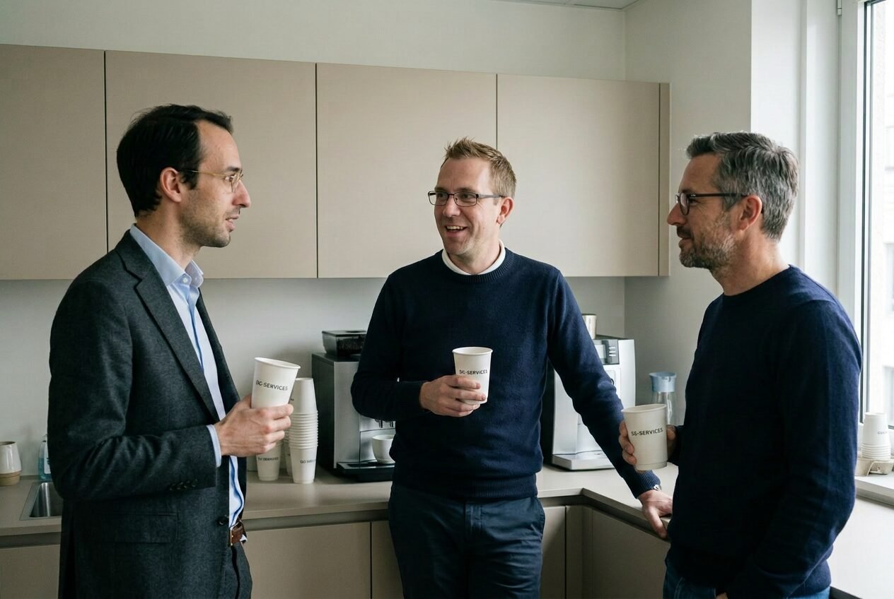 Between meetings in the office kitchen with Adrian Walter, Liam Bauer and Anthony Sterling