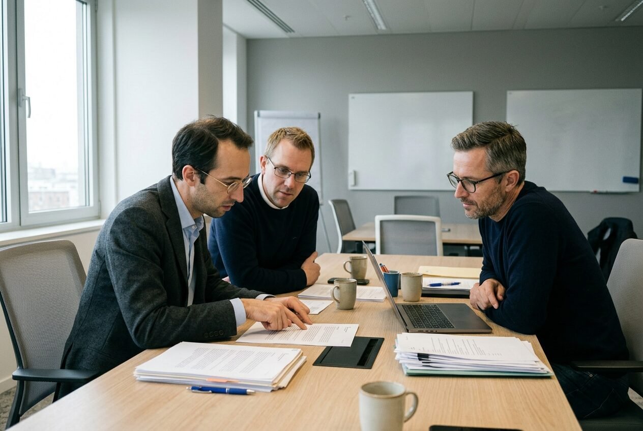 Reviewing case files together with Adrian Walter, Liam Bauer and Anthony Sterling