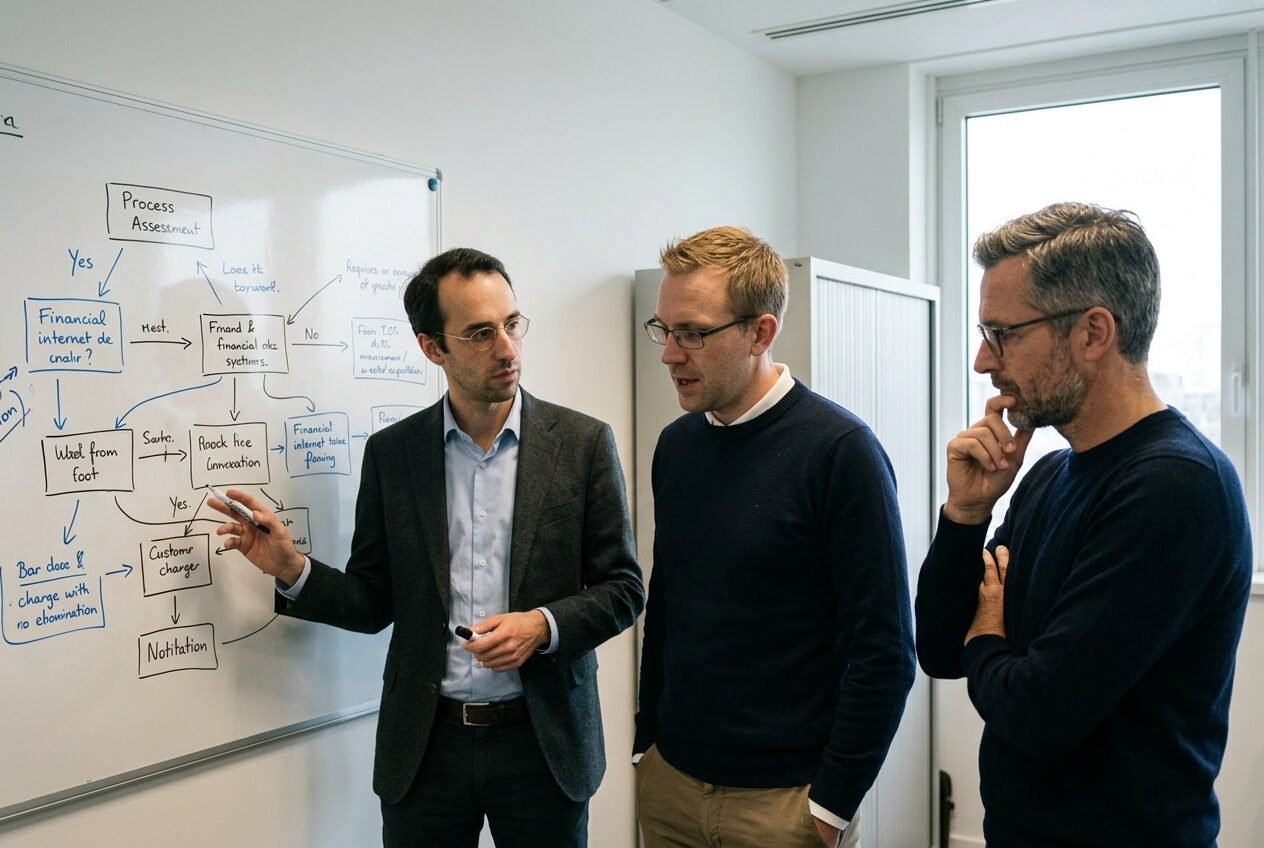 Whiteboarding a process map with Adrian Walter, Liam Bauer and Anthony Sterling